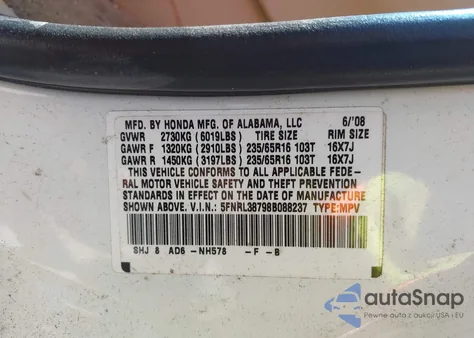 2008 Honda Odyssey Ex-L z USA, uszkodzony, nr VIN 5FNRL38798B088237